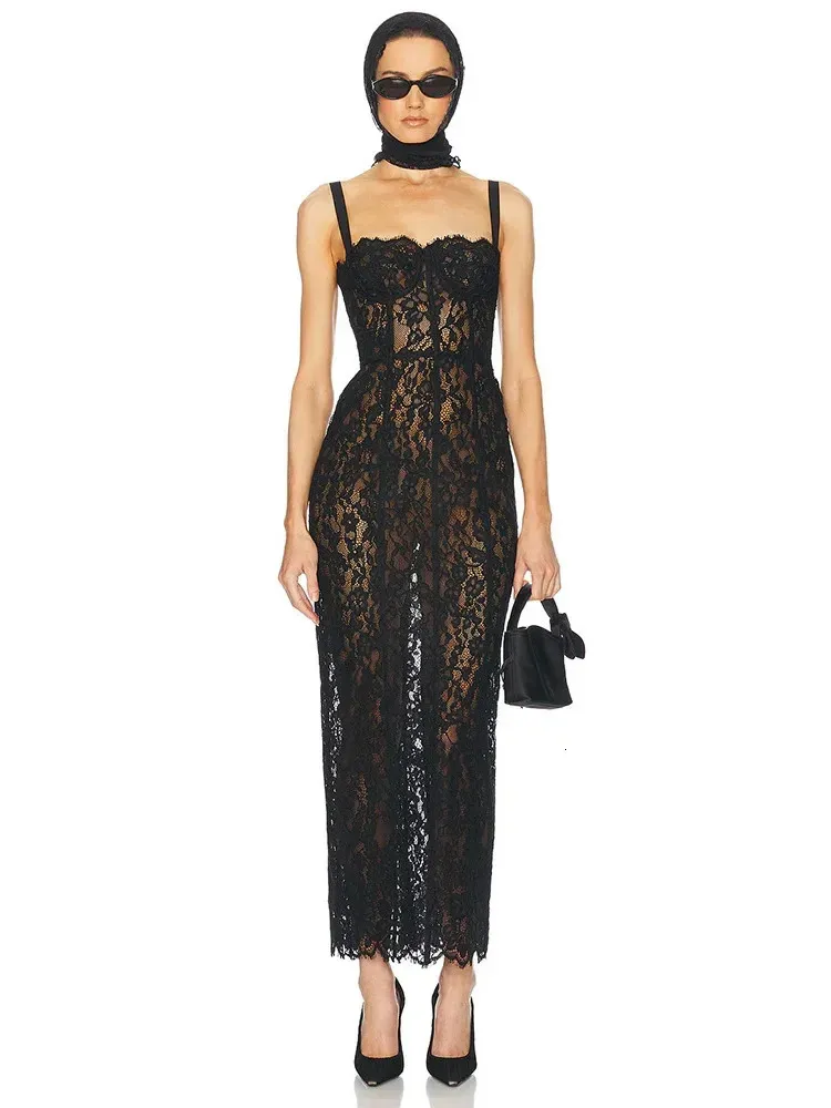 Sexy Spaghetti Strap Square Neck Lace Long Dress Women Black Floral Lace  Sleeveless Bodycon Dresses Elegant Evening Celebrity250922 From 39,64  |  DHgate