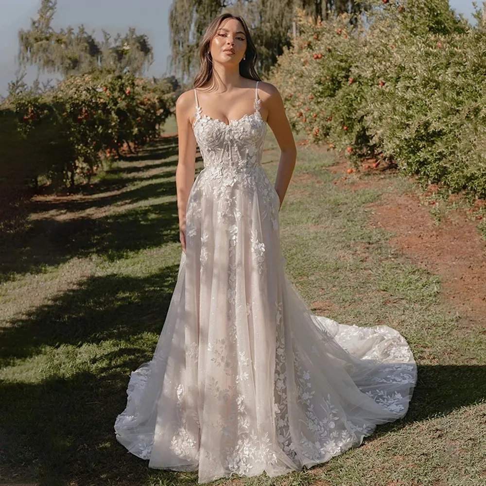 A Line Wedding Dress, Lace Applique Spaghetti Strap