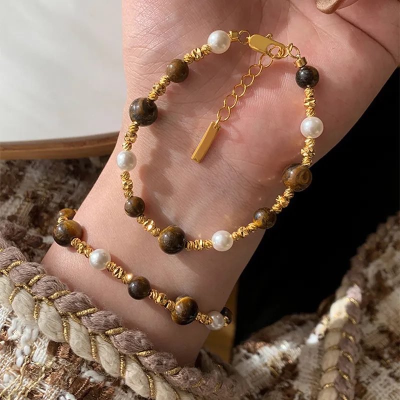 Gold Toned Bracelet With Tiger's Eye Beads, Pearls Textured Metal Accents Delicate Daily & Elegant Jewelry Gift For Her_voghion.com