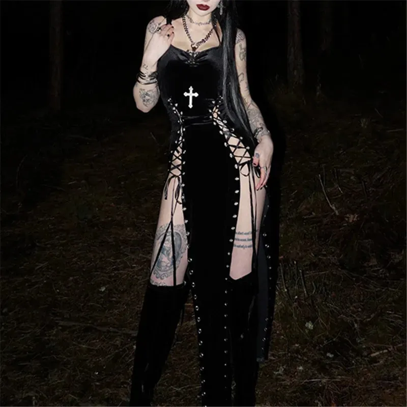 goth club dress Grunge Sexy Velvet Floor-Length Dress, Black Strappy Short Sleeve Gothic Punk for Size:5/XL This stunning royal blue COLLECTION-Additional-Clothing Iron cold Party dress