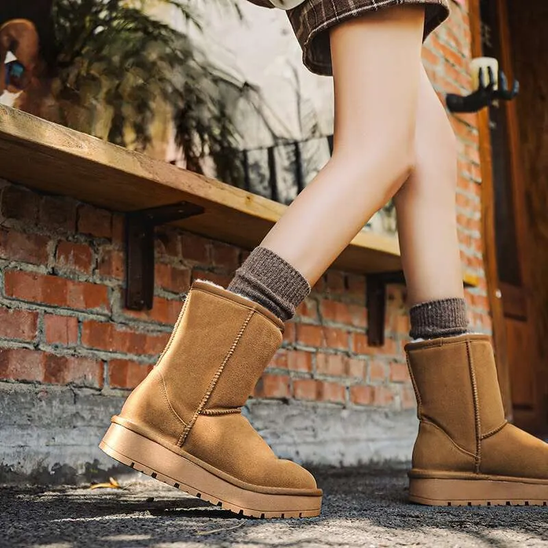 Sheepskin Thick-Soled Snow Boots For Women, Mid-Calf, Warm Fleece-Lined 2024 Winter New Cotton Shoes_voghion.com