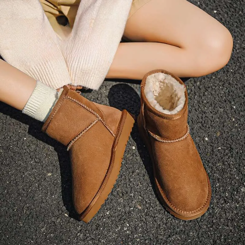 Sheepskin Thick-Soled Snow Boots For Women, Short Tube, Thickened Loafers, Warm And Fleece-Lined, Winter 2024 Cotton_voghion.com