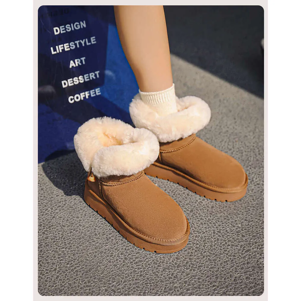 Sheepskin Thick-Soled Snow Boots For Women With Horn Buckle, Short Tube, Thickened, Warm, Fleece-Lined, New Winter 2024_voghion.com