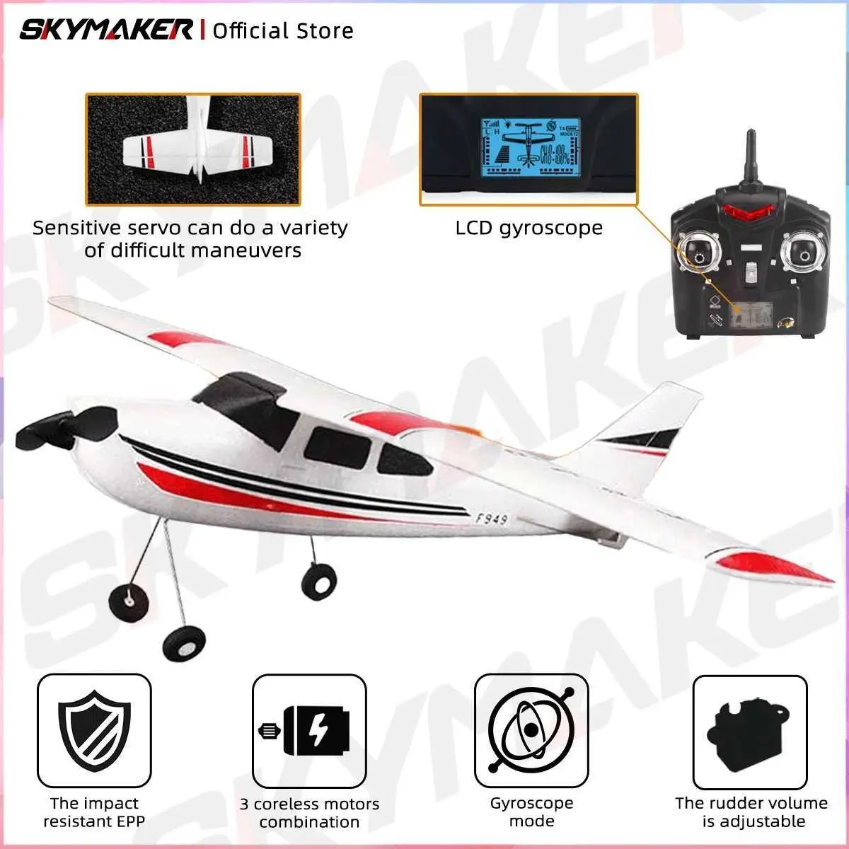 efaso WLToys F949S 3-kanaals 2,4 GHz RC vliegtuig Cessna-182 robuust EPO- materiaal, compleet RTF met batterijen voor afstandsbediening