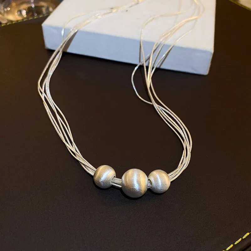 Silver Toned Multi Strand Chain Necklace With Three Pearl Accents Delicate Daily & Elegant Jewelry Gift For Her High -_voghion.com