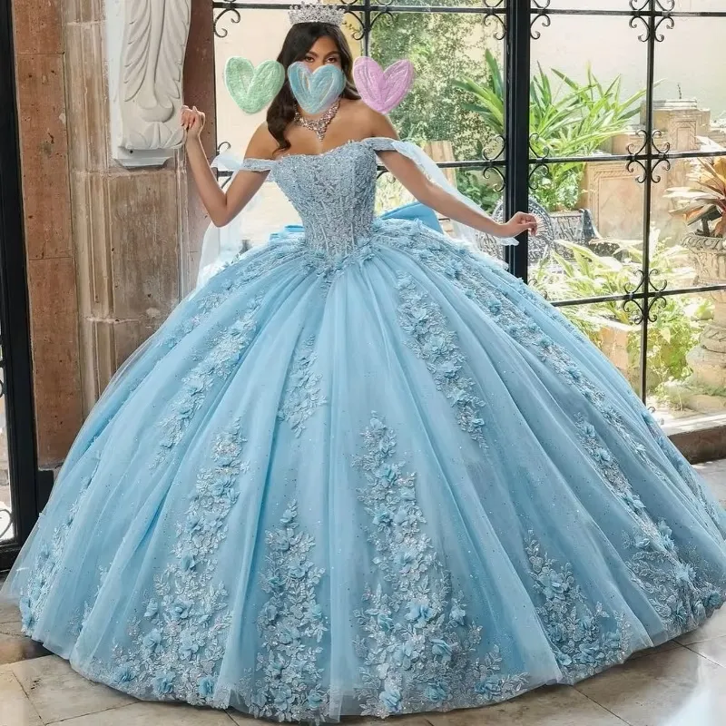 Save Big on Bulk Mexican Quince Dress Mexico Sky Blue Ball Gown Quinceanera  Dress Floral Appliques Sequins Beaded Tull Off Shoulder Sweet 16 Vestido