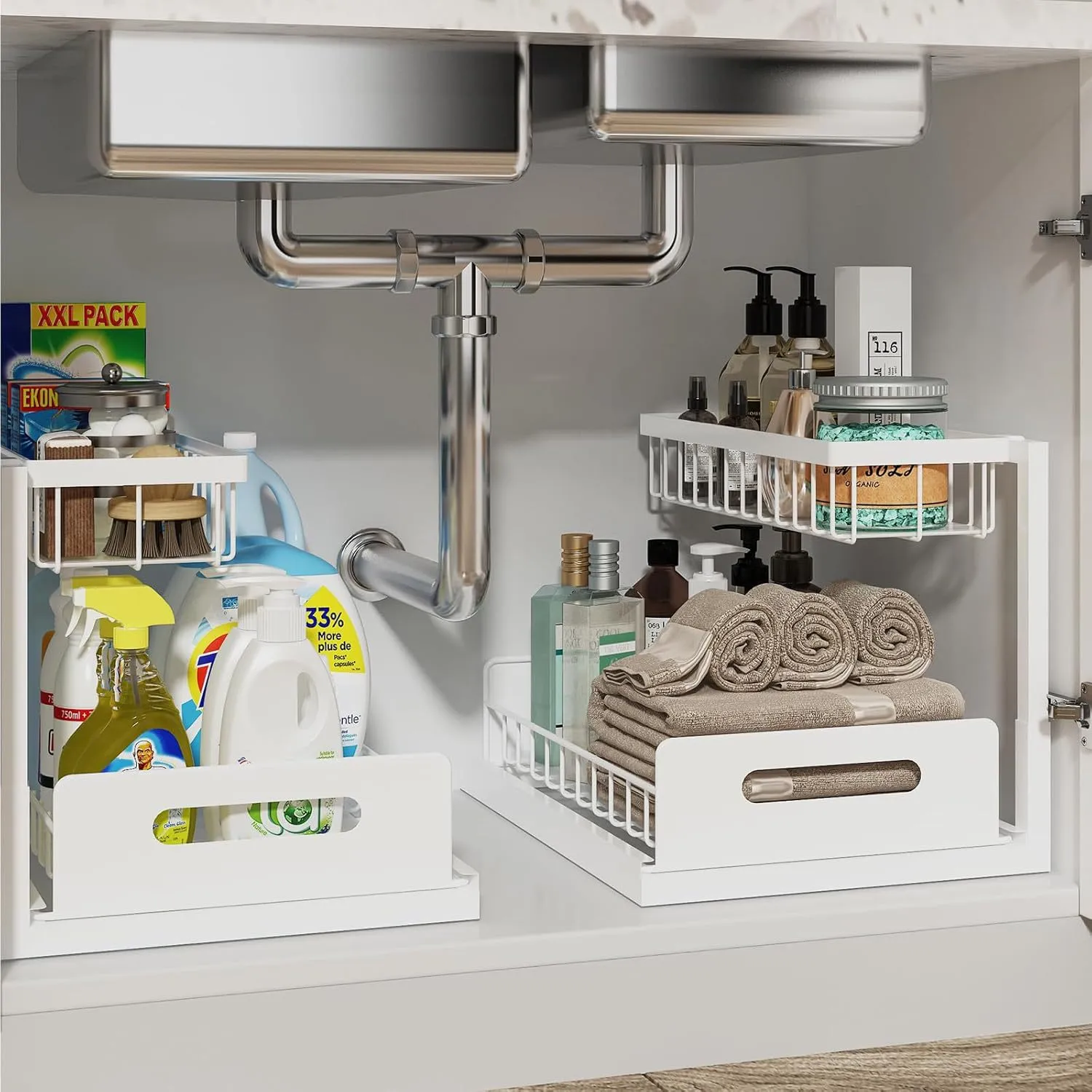 TISTAYA Organizer Estraibile Sotto Lavello In Metallo - 2 Livelli Regolabili Per Cucina E Bagno, Bianco - 5