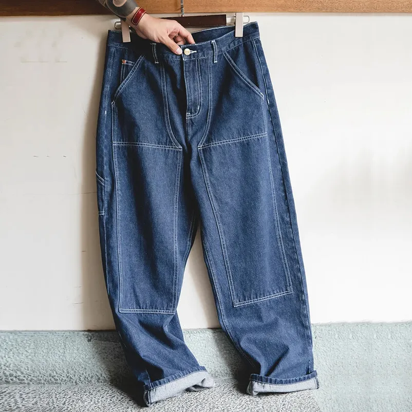 Mens Linen Cotton Vintage Washed Denim Loose Wide Tapered Jeans