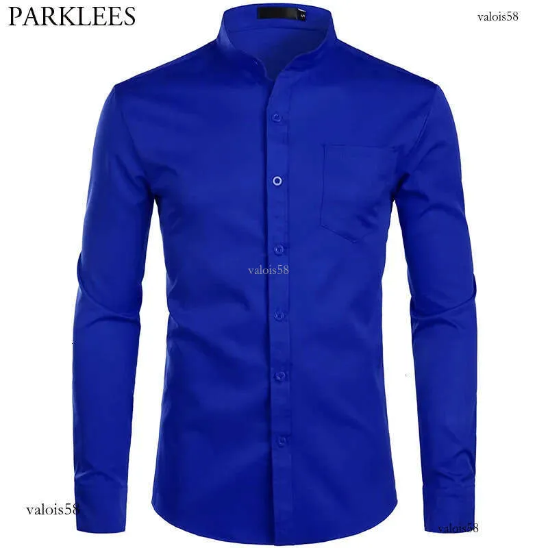 Royal Blue Banded Mandarin Collar Shirt for Men - Long Sleeve smart casual White Shirt with Button Down and Pocket (2XL) Royal Blue Banded Mandarin Collar Shirt for Men - Long Sleeve smart casual White Shirt with Button Down and Pocket (2XL)