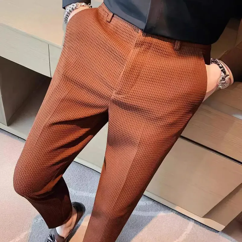 High-End Feelslimming Plaid Classic Fit Dress Pants for Men - Trendy, Breathable, and Straight-Leg Casual Business Pants Perfect for Summer (250809)