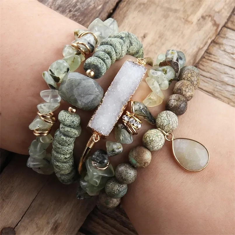 Bracelet Brins Cuir Bohème – Pierres Semi-précieuses Vertes – Femme – Neuf