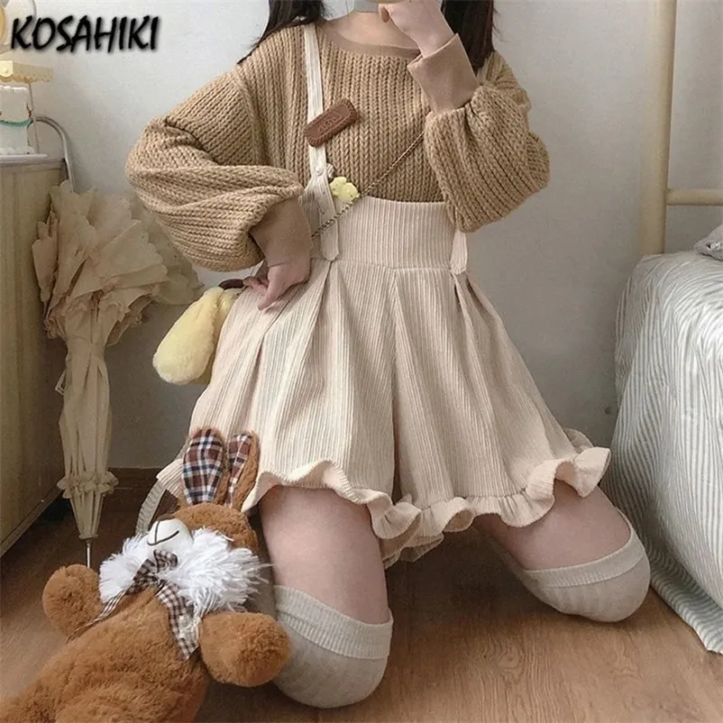 Kosahiki Japanese Kawaii Strap Shorts for Women, Corduroy Ruffle