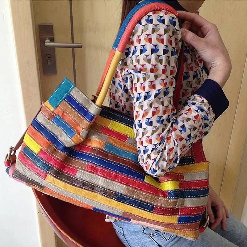 chongsukei Retro Tote Bag For Women Luxury Genuine Leather Handbag High Quality Large Capacity Patchwork Color Ladies Bag