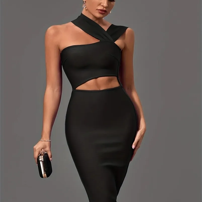 Black Bandage Dress Women Midi Party Dress Bodycon Elegant Halter Neck Sexy Cut Out Birthday Evening Club Outfits Summer Black / M