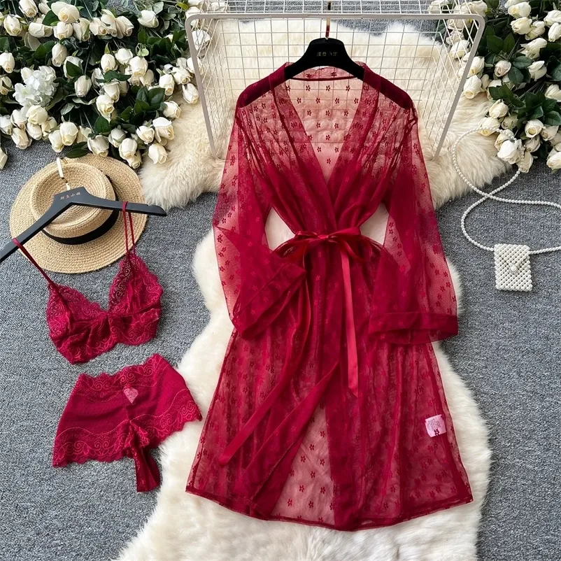 SINGREINY Lace Sheer Sexy Cardigan Robes Underwear Sets Fashion Camis ...