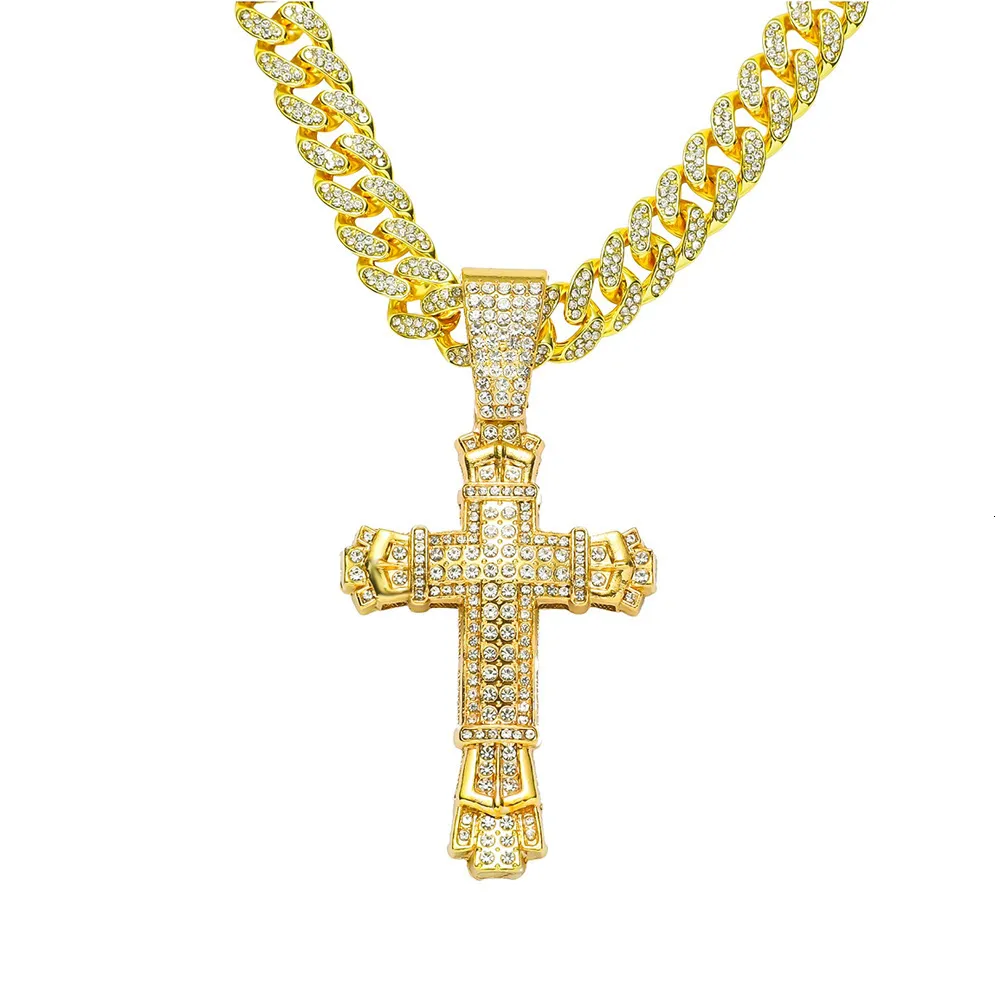 Green Chain Rapper Cross Hip Hop Cross Pendant Gold Diamond Cross Necklace 12mm Cuban Chain, D ...
