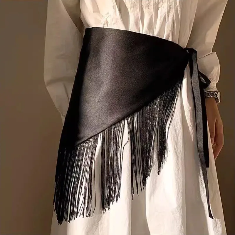 Black Tassel Waist Belt - Women\'s Fashion Accessory XGOPTS Women Leather Tassel Fringe Belt Black Gothic Tassel  main image 2