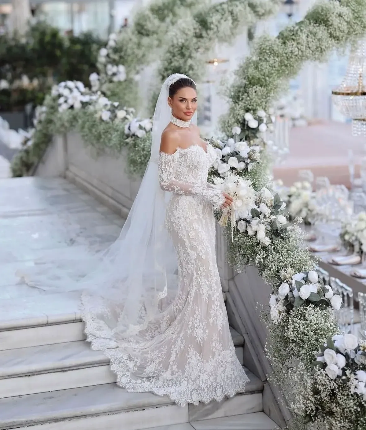 Arabic Dubai Lace wedding dress mermaid strapless with Detachable Long Sleeves, Sweetheart Neckline, Champagne Lining, and Ivory Boho Style - Elegant
