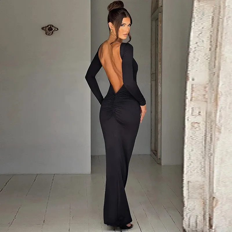 Gold Open Back Formal Gown Elegant Long Sleeve Backless Evening Gown In  Black