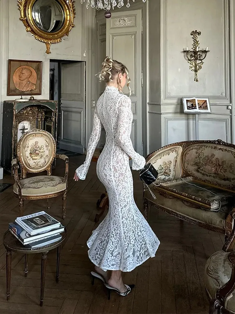Chic Lace Fishtail Long Lace maxi dress for Women - Elegant White, Round Neck, Sleeved, Slim Fit Vestido Gown (Style 241231)