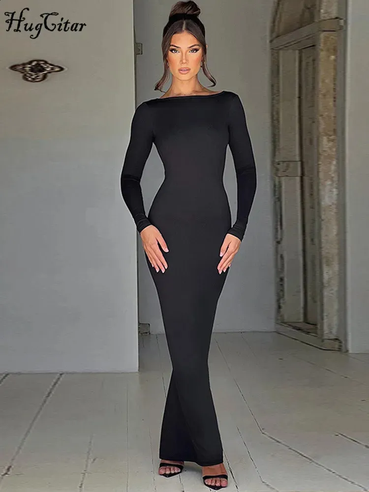 Hugcitar Women's Bodycon Black ribbed maxi dress - Elegant Long Sleeve, Backless, Solid Cuched Design for Prom, Evening Party, Festival - Y2K 250730