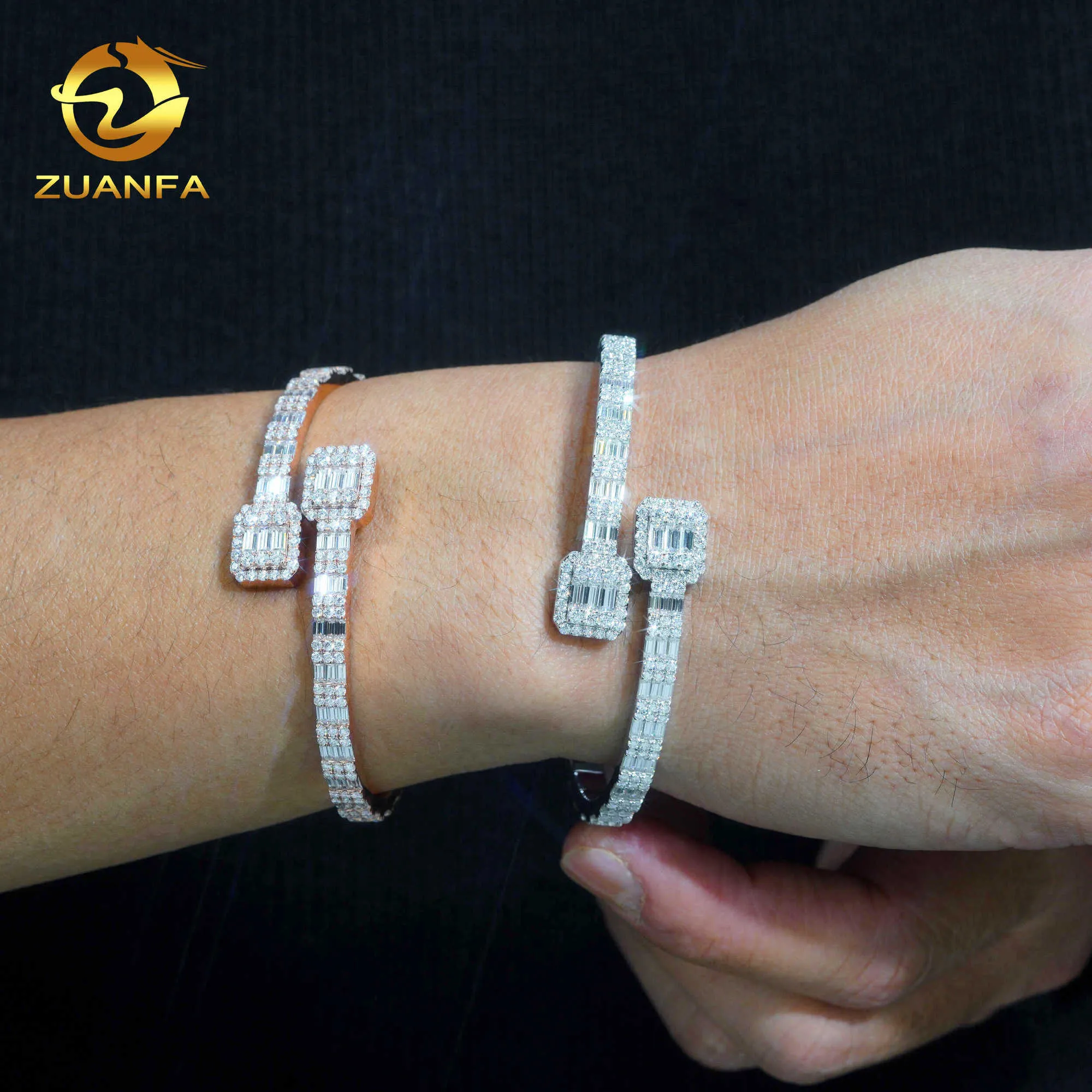 Iced Out Hip Hop Jewelry Cuban 925 Sterling Silver Vvs Moissanite Baguette Cut Diamond Cuff Bangle Bracelet Men Wome_voghion.com