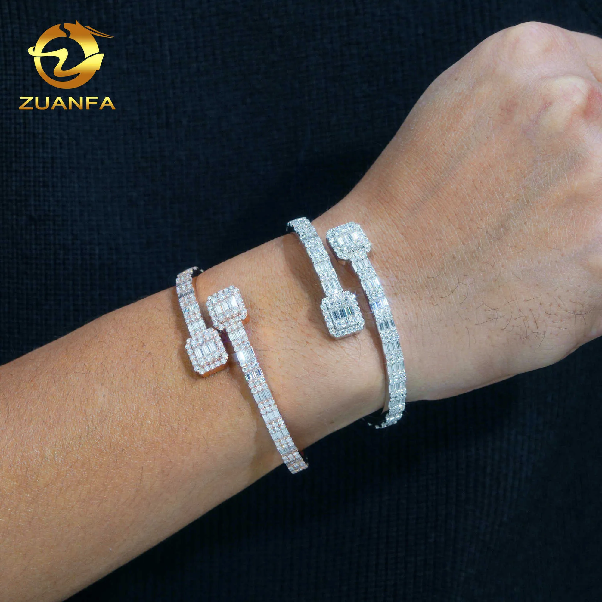 Iced Out Hip Hop Jewelry Cuban 925 Sterling Silver Vvs Moissanite Baguette Cut Diamond Cuff Bangle Bracelet Men Wome_voghion.com