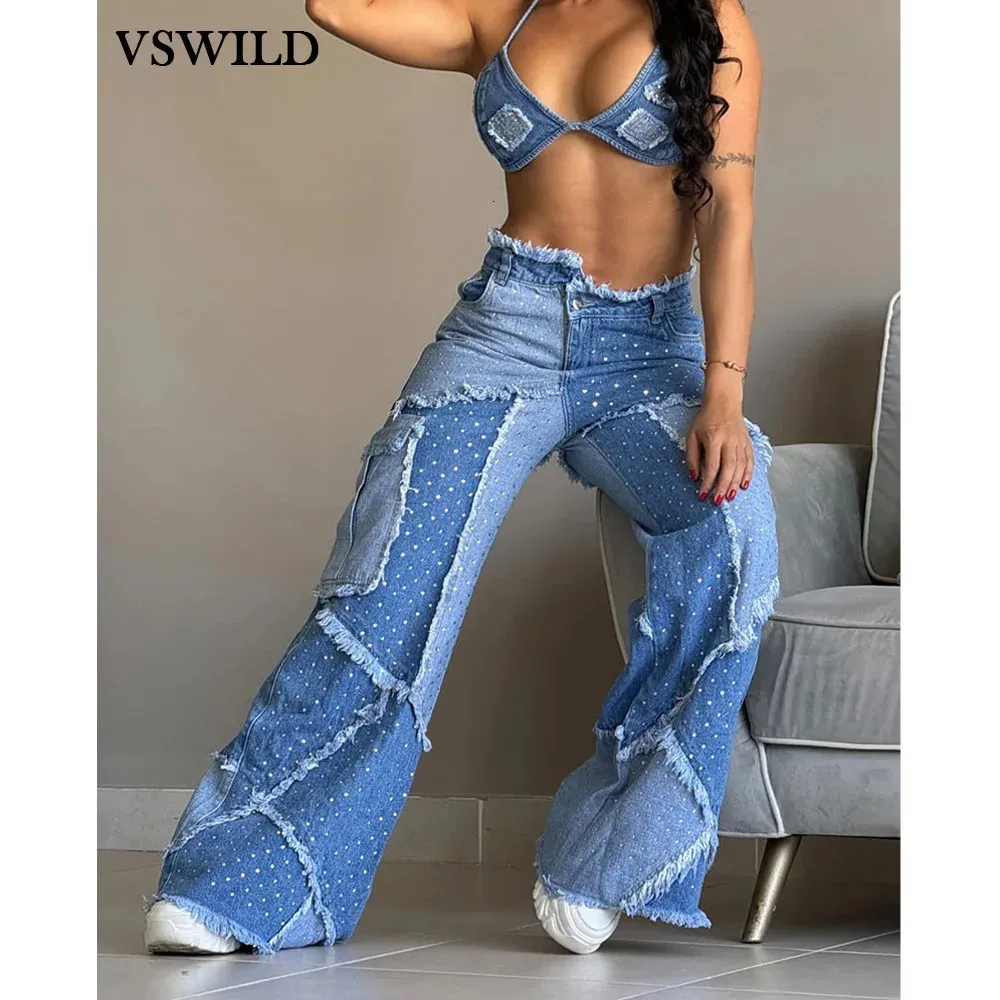 N / D Women's High Waist Patchwork Distressed Denim Jeans - Vintage Straight Leg Pants (Blue, Size S) - View #7