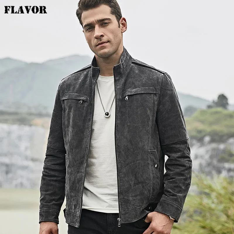 Men's Pigskin Leather Jacket Gray with Standing Collar Slim Fit