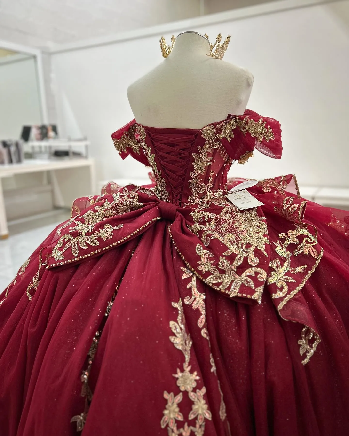 Sequined Dark Red Beaded Ball Gown with Applique Off-Shoulder Design for Red themed quinceanera, Prom, Sixteen, Sweet 15, and Masquerade Events Sequined Dark Red Beaded Ball Gown with Applique Off-Shoulder Design for Red themed quinceanera, Prom, Sixteen, Sweet 15, and Masquerade Events