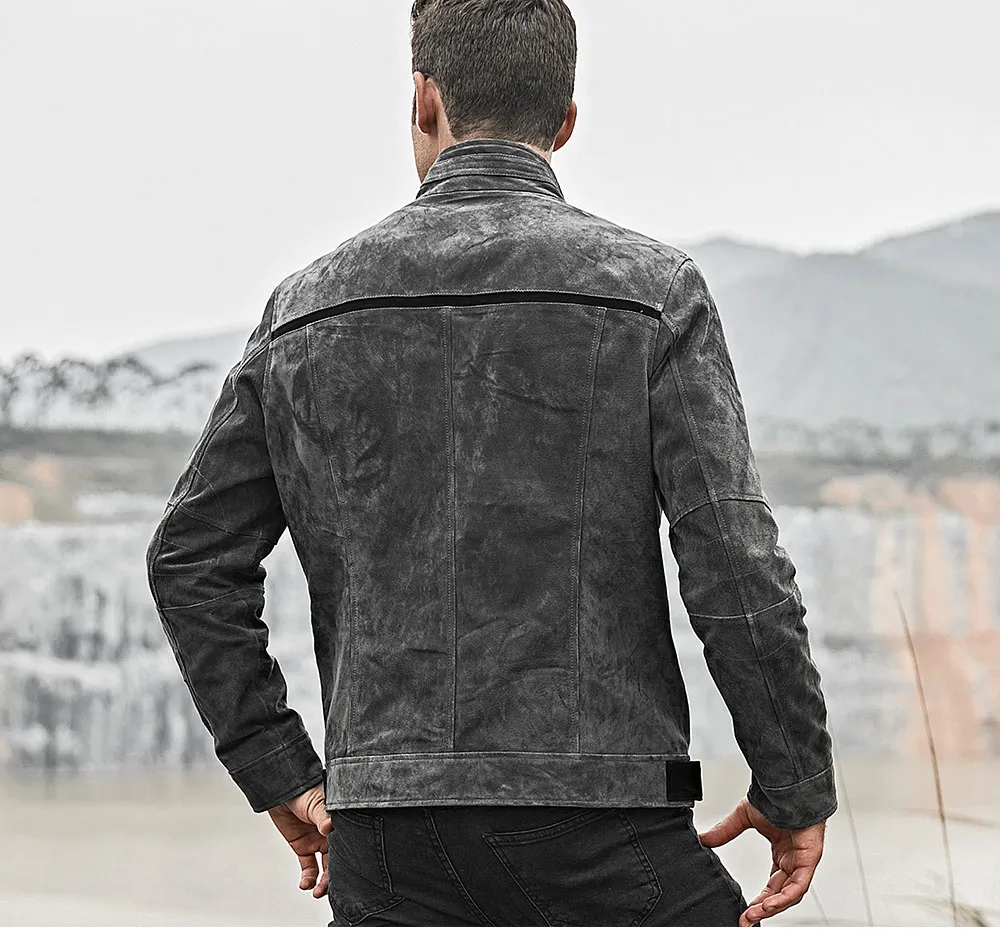 Men's Pigskin Leather Jacket Gray with Standing Collar Slim Fit
