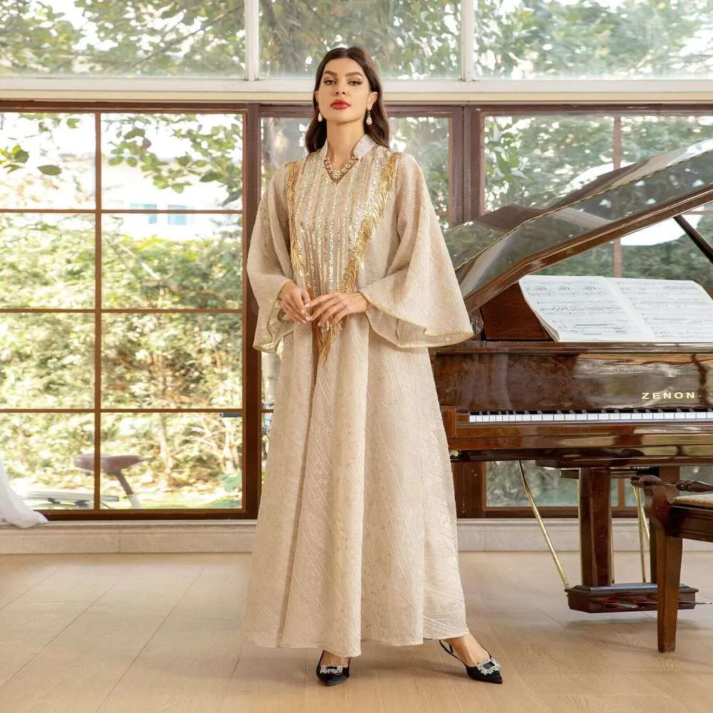 Arabic Dubai Mesh Embroidered Sequin Robe - Muslim Evening Abaya for Women, Perfect for Cross Border Middle Eastern Wear
