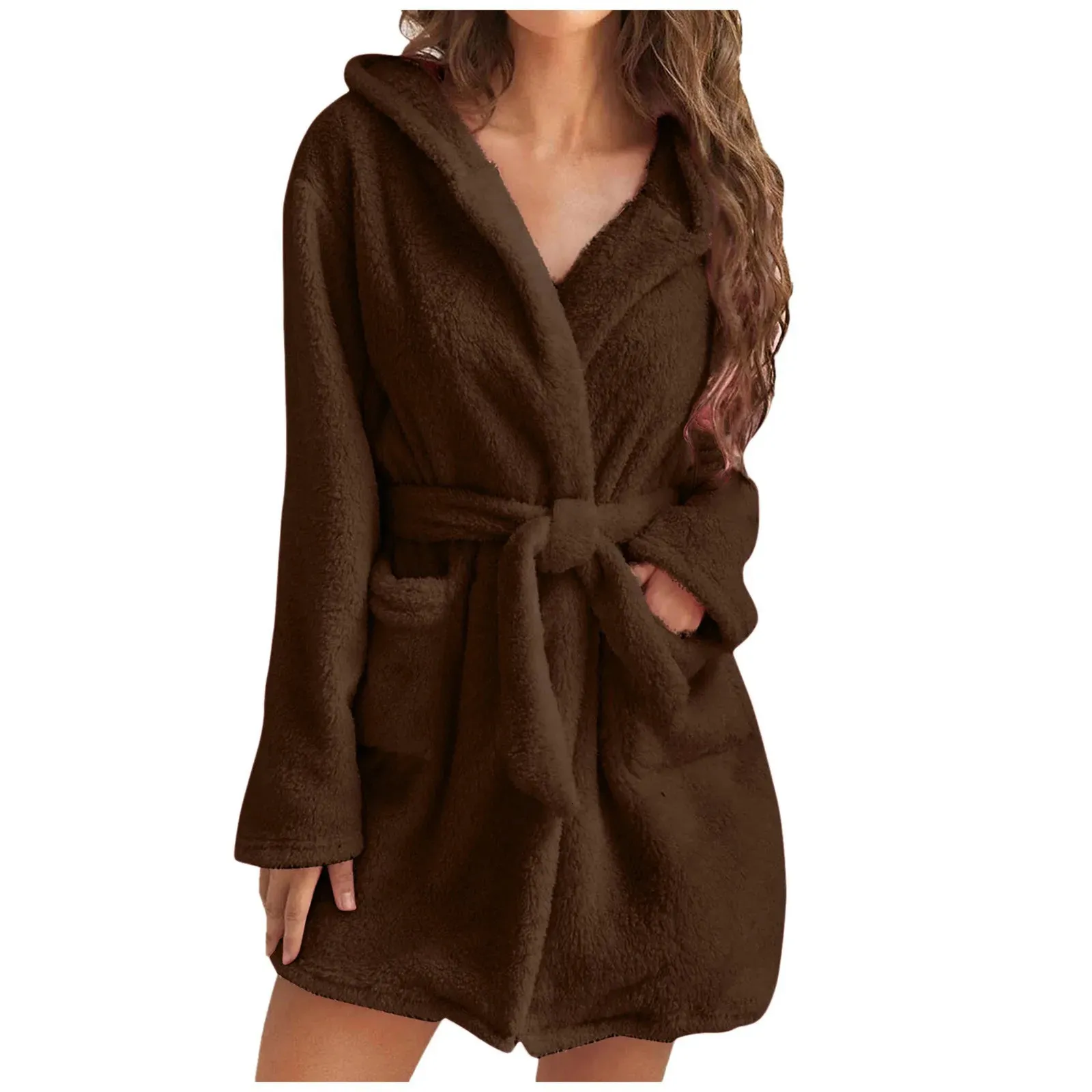 Bata De Baño Larga De Felpa Para Mujer, Suave, Con Botones, De Forro Polar Calida Para Invierno Con Bolsillos