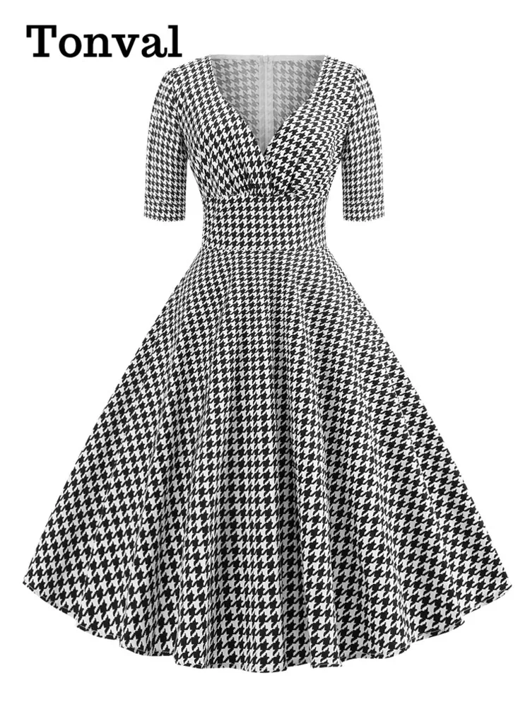Vintage Houndstooth Print Midi Dress - Elegant Black cotton fabric, V-Neck, Half Sleeves, Perfect for Autumn Parties and Rockabilly Themes