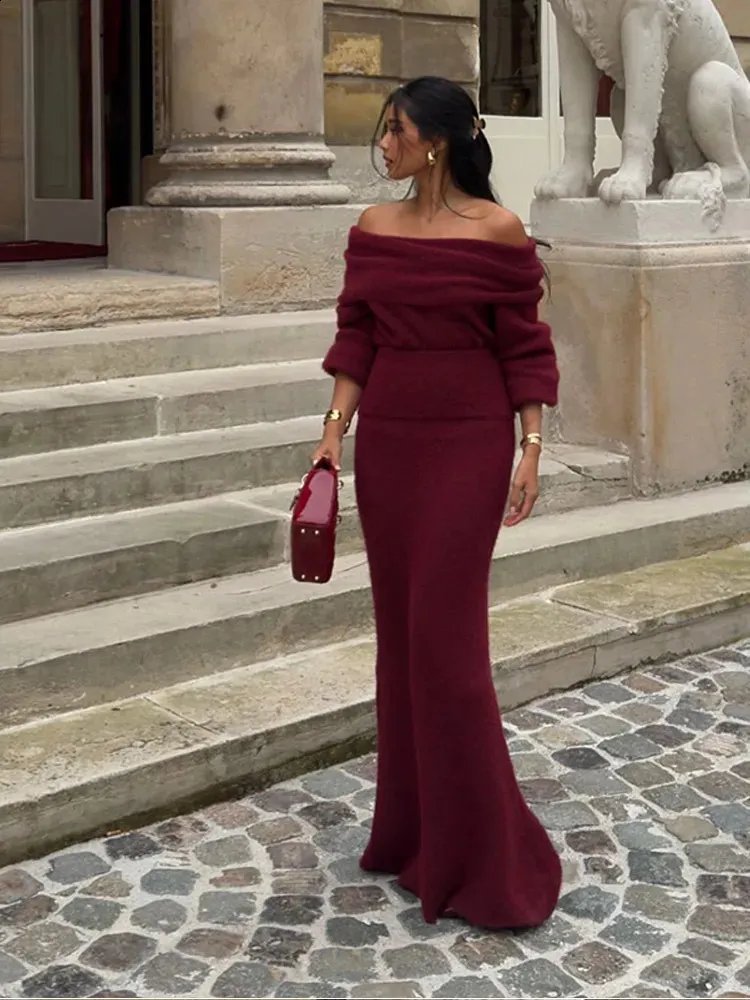 womens red knitted dresses Inspire CHIC Women's Long Sleeve Sweater Dress Crewneck Ribbed Knit Pleated A-Line Midi Dresses XL Wine Red, Black