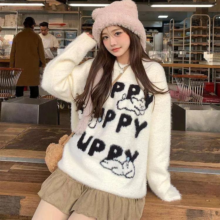 Womens Oversized Pullover Sweaters, White Cartoon Dog From
