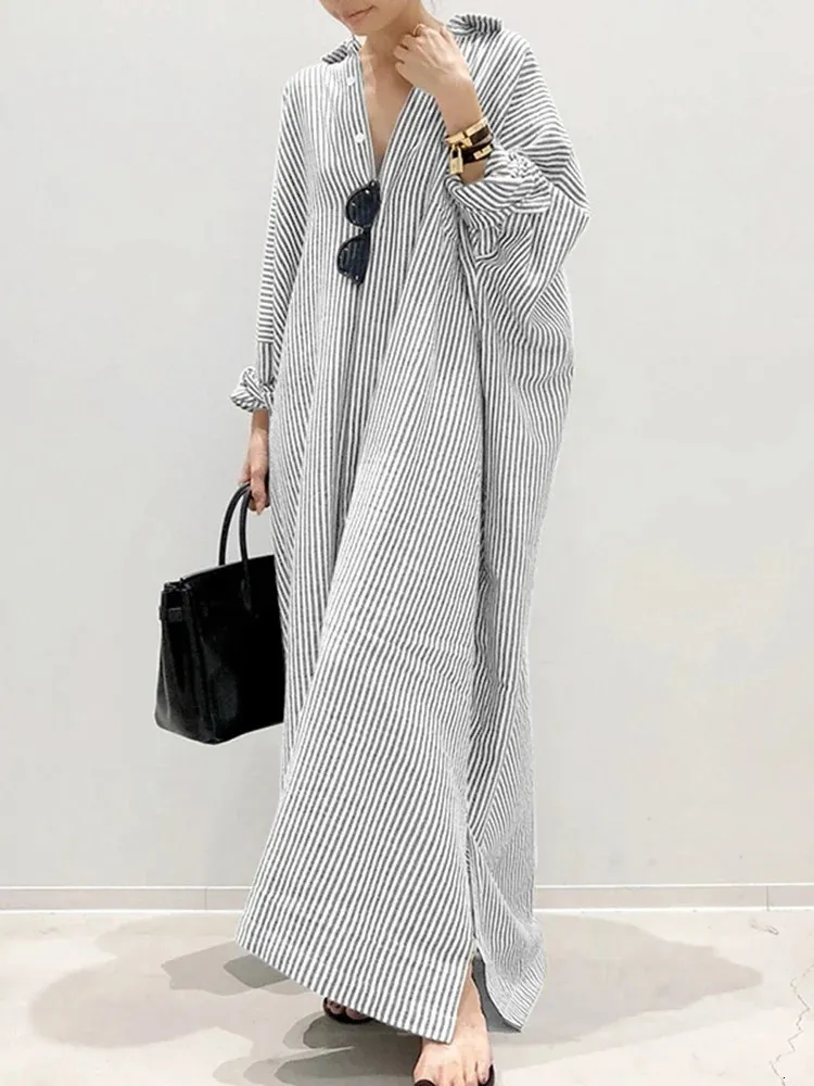 ZANZEA Bohemian Women's Stripe Printed Beach Party Sundress - Long Sleeve Lapel maxi shirt dress for Spring/Fall Fashion, Casual Loose Vestidos (2025) ZANZEA Bohemian Women's Stripe Printed Beach Party Sundress - Long Sleeve Lapel maxi shirt dress for Spring/Fall Fashion, Casual Loose Vestidos (2025)
