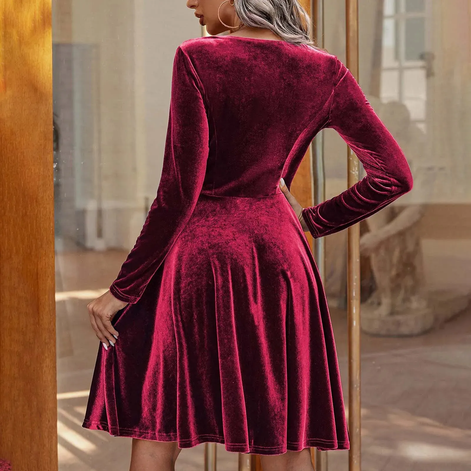 chinese dress ladies Dahlia Red Long-sleeved Velvet Dress Short  My Store