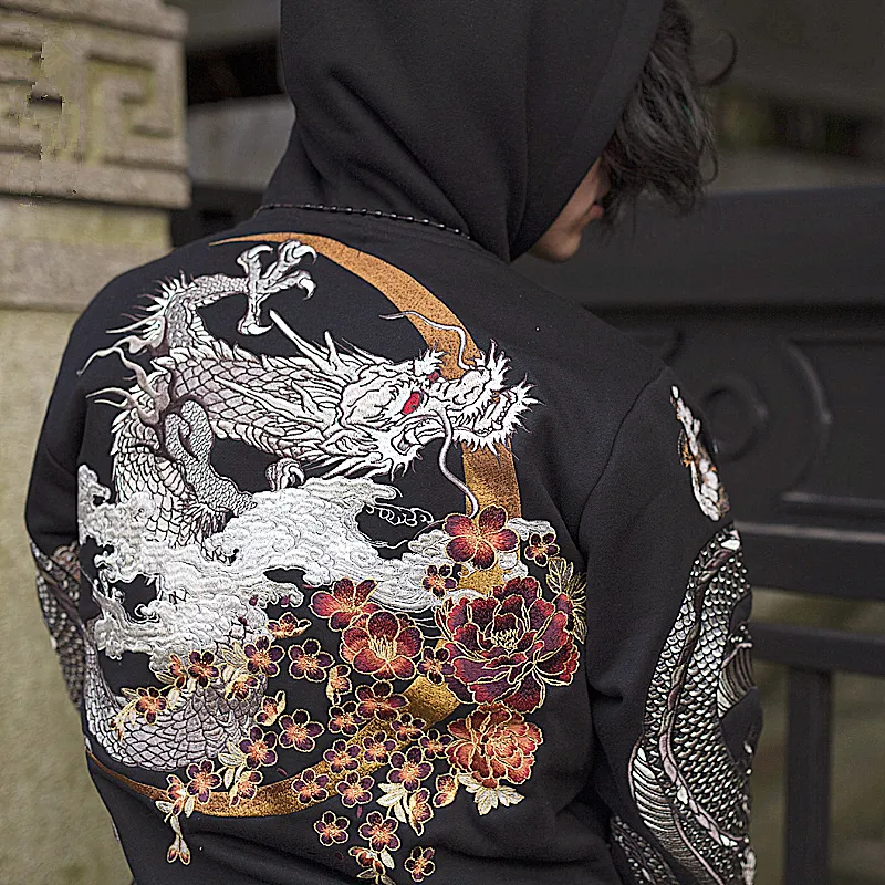 Mens Dragon Embroidered Hoodie with Hooded Collar Casual 