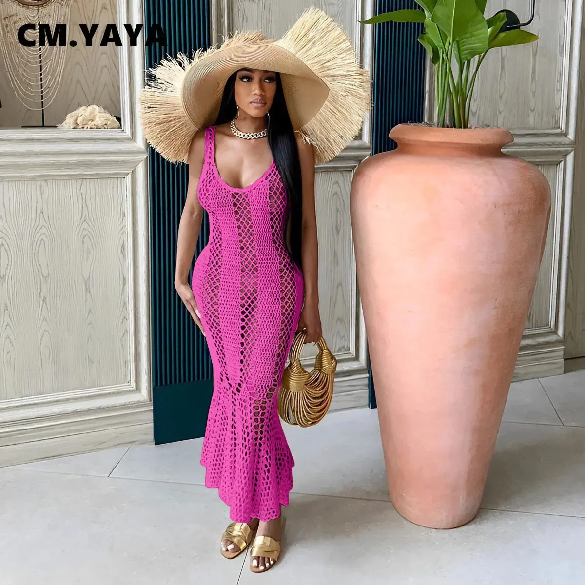 chinese dress ladies Eimy Istoire Back Open Crochet Mermaid Knit One-Piece Dress