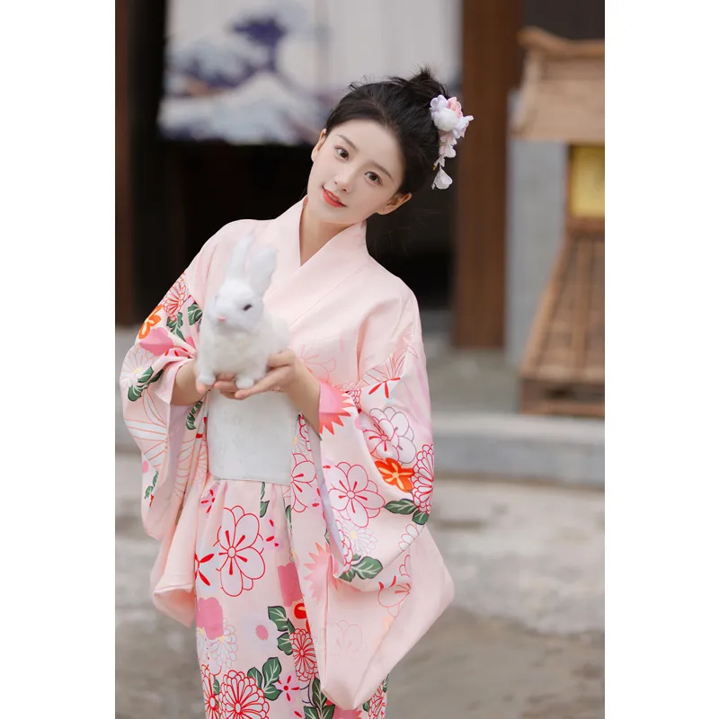 pink kimono dress Traditional Sakura available in blue or pink Pink Flowers on Black Satin