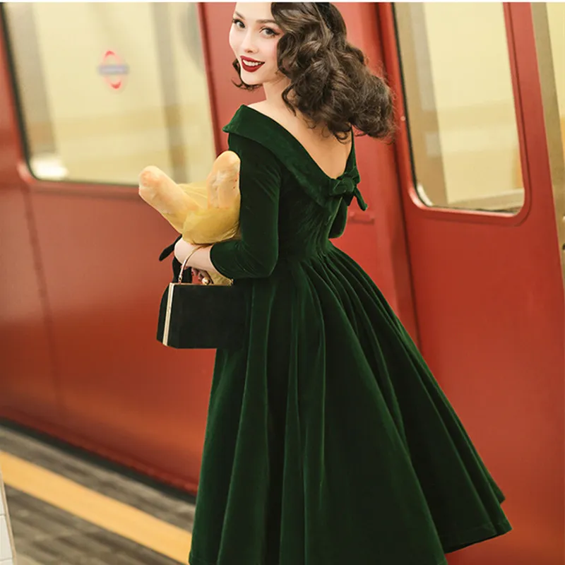Green Velvet Boat Neck Swing Green Velvet dress for Women - Vintage 50s Style in Plus Size