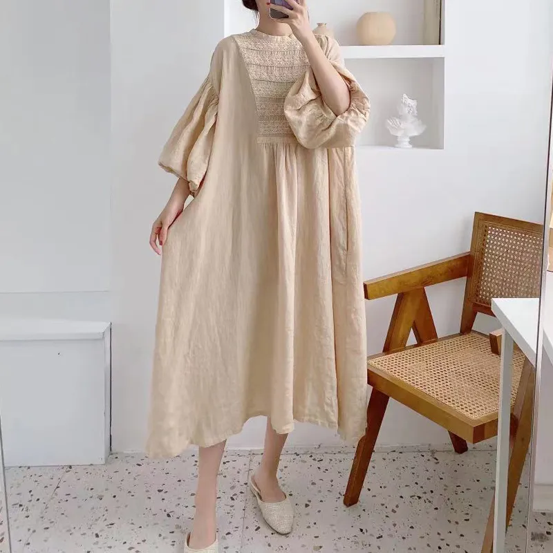 johnature boho dress Johnature Linen Patchwork Lace Dress for Women