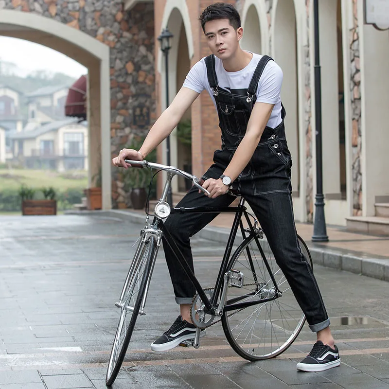 Mens Slim Fit Bib Overalls Denim Jeans Workwear Pants Black