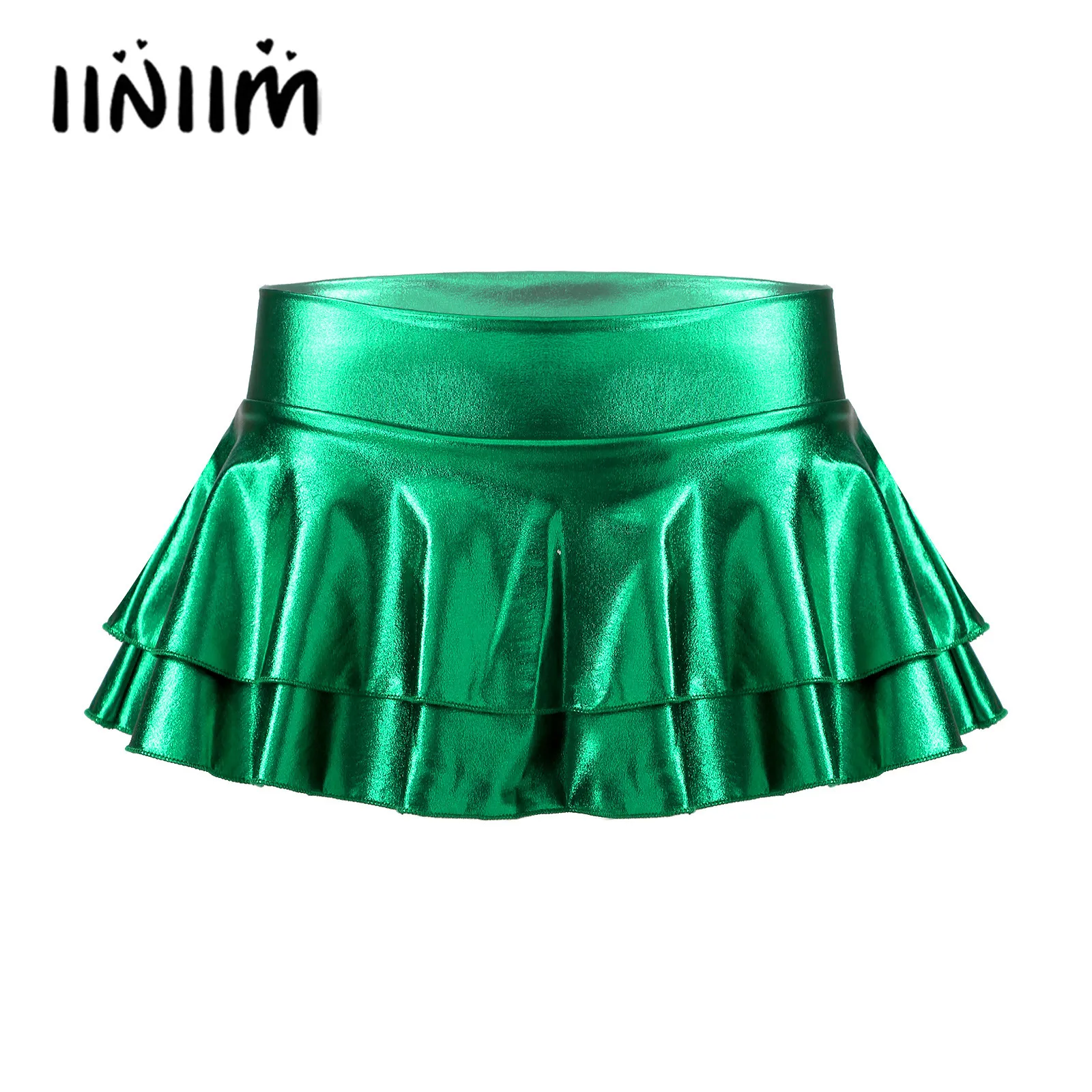 Womens Shiny Metallic Short Skirts Low Rise Double Layered Ruffled