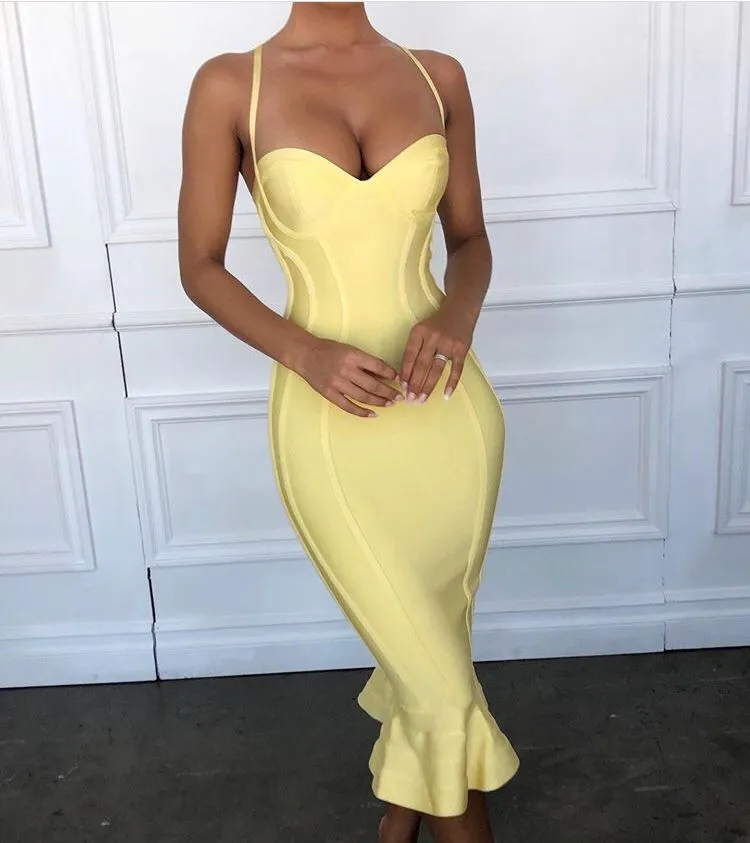 Elegant Pink and Yellow Knee-Length Rayon Bandage strapless midi dress for Evening Parties Elegant Pink and Yellow Knee-Length Rayon Bandage strapless midi dress for Evening Parties