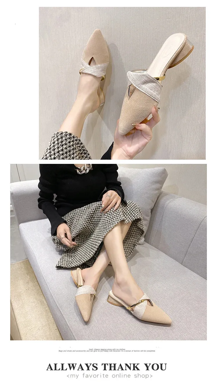 Women's Pointed Toe Mules Korean Style Comfortable Low Heel Shoes_voghion.com