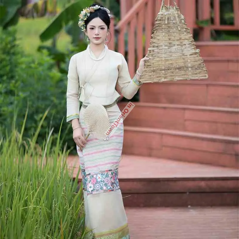 Southeast Asian Style Beige and White Patchwork Tube Skirt Suit - Traditional YunNan Cambodian folk clothing Attire