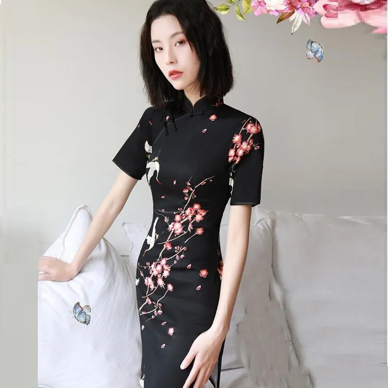 Sexy Black Cheongsam Cheongsam mini dress for Women - Modern Oriental with Japanese Robe - Perfect for Casual Occasions (TA1433)