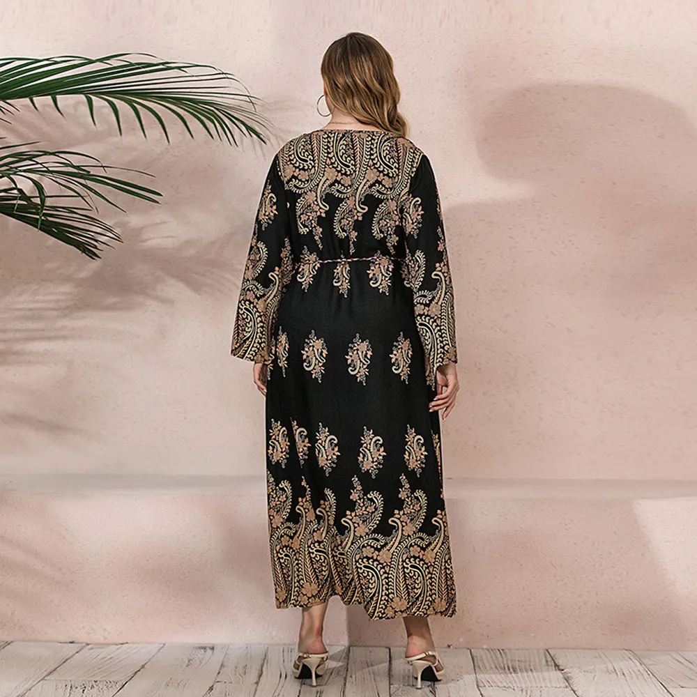 Women's Plus Size Black and Red Maxi Dress with Gold Paisley and Floral Patterns